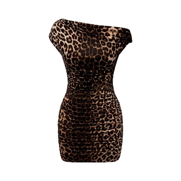 Women's Leopard Print Asymmetrical Neck Ruched Bodycon Mini Dress